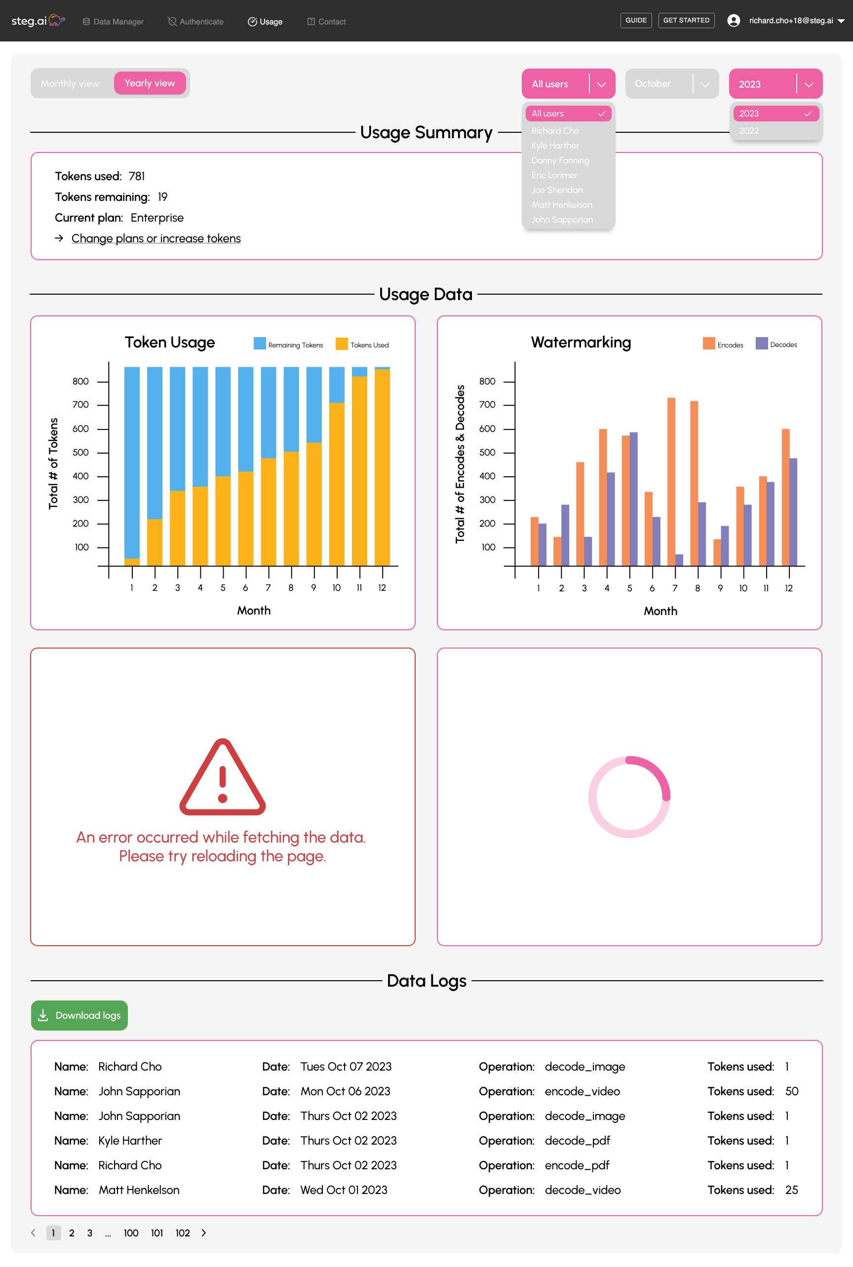 Third iteration of the Usage page redesign showing the error and loading states